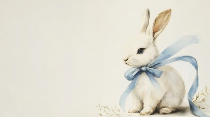 Cute white bunny with a blue ribbon in a vintage Easter theme. Realistic hand drawn watercolor holiday artwork with soft details. Perfect for card design. Ideal for festive prints and decoration.