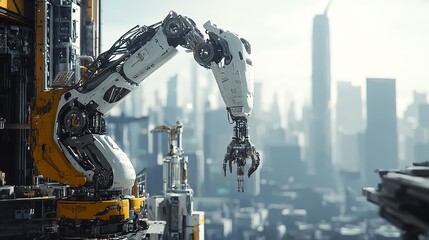 Fototapeta premium Industrial robotic arms working in modern manufacturing facility with advanced machinery