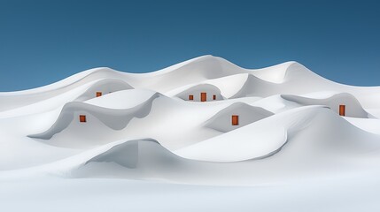 Snow-covered village nestled in undulating drifts