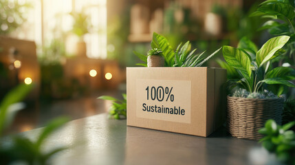 Cardboard box labeled 100 percent sustainable surrounded by green plants, showcasing eco-friendly packaging choices, environmental awareness, and commitment to sustainability in product design