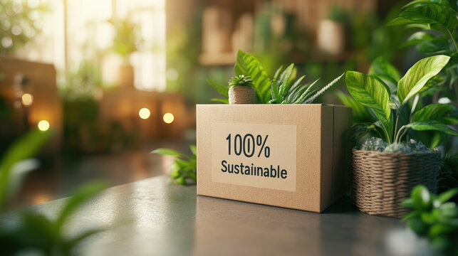 Cardboard box labeled 100 percent sustainable surrounded by green plants, showcasing eco-friendly packaging choices, environmental awareness, and commitment to sustainability in product design
