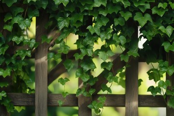 Lush green ivy cascading gently over a rustic wooden fence in a tranquil garden setting
