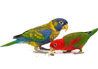 Two lorikeets eating seeds on a white background