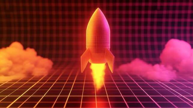 A glowing wireframe rocket launching against a cyberpunk-inspired neon grid