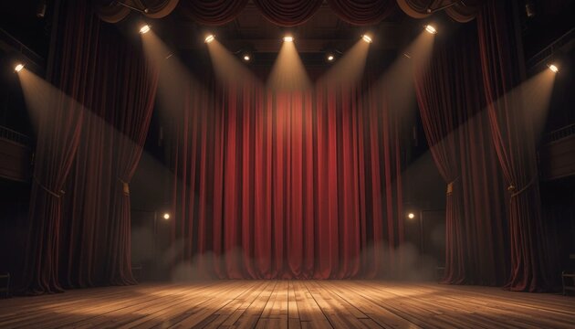 Sc&egrave;ne de th&eacute;&acirc;tre op&eacute;ra avec rideaux rouges et lumi&egrave;res de projecteur. Pr&eacute;sentation professionnel, business, acteur, discours, comm&eacute;moration, one man show.