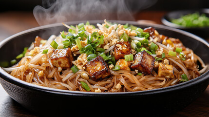 delicious bowl of steaming Pad Thai with tofu, garnished with green onions and peanuts