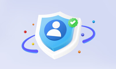 Shield security system protection confirm verified checkmark Account profile name personal online unlock username password login website or application network database. 3d vector icon. illustration