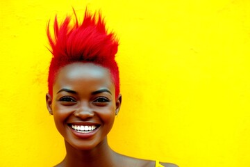 Lovely happy black girl - for ads, flyer and internet use. Commercial promotion concept art. Short coiffure - red hair. African concept portrait. Creative model ads. Black elegance portrait.