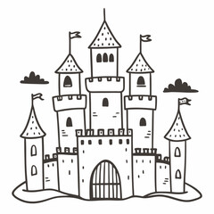 Fototapeta premium Hand Drawn Castle Illustration with Towers and Flags in Black and White