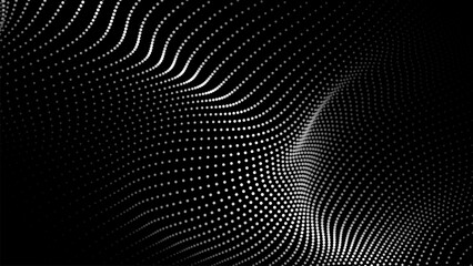 Dark abstract background with a wave of moving particles. 3D Vector illustration.