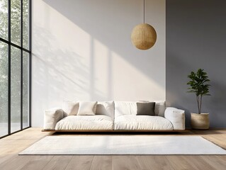 Modern living room design with cozy sofa bright space interior decor minimalist style natural light
