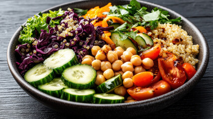 vibrant quinoa salad featuring fresh vegetables like cucumbers, tomatoes, and leafy greens
