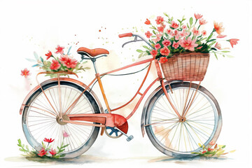 Fototapeta premium Colorful watercolor vintage bicycle decorated with fresh flowers in a sunny outdoor setting