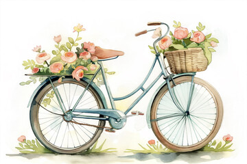 Fototapeta premium Vintage watercolor bicycle adorned with roses parked beside a garden path in bright spring atmosphere