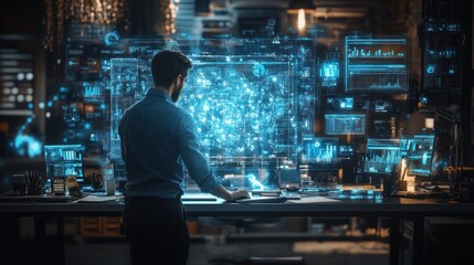 Analyst reviewing data visualization in tech startup office