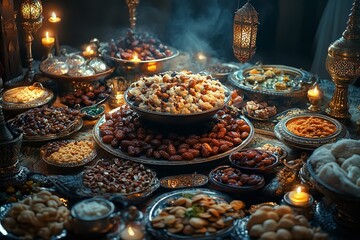 Fototapeta premium During Ramadan, a delectable spread of traditional Arabic cuisine with dates and almonds. Generative Ai