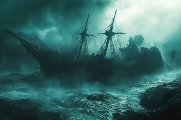 A ghostly ship battles raging waves under a stormy sky during twilight on a mysterious sea