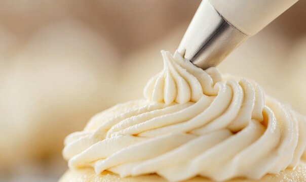 A perfect swirl of vanilla frosting is being piped onto a cupcake with a pastry bag.