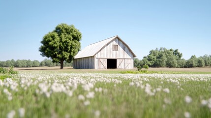 Rustic barn in a field of wildflowers