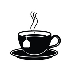 A black and white vector art illustration of a teacup with a tea bag string hanging from the rim1.eps