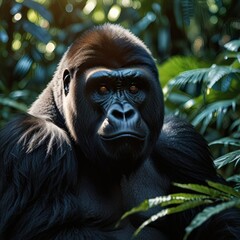 Fototapeta premium A gorilla sitting in a lush rainforest, looking directly at the camera with a thoughtful expression. by deepseek 