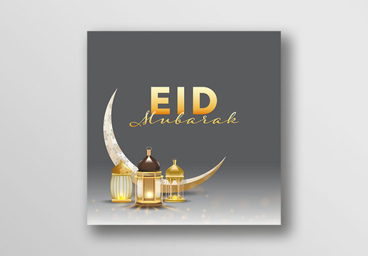 Eid Mubarak Social Media Post in Golden and Grey Color, Editable Design.