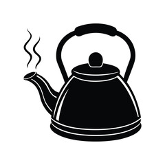 A black and white vector art illustration of a tea kettle with steam coming from the spout.eps