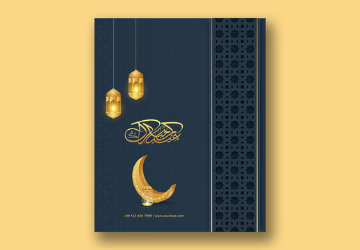 Eid Mubarak Template with Arabic Calligraphy in Golden and Blue Color, Editable Design.