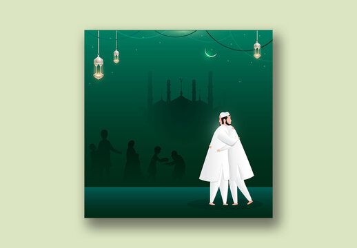 Eid Mubarak Social Media Post with Cartoon Muslim Men Hugging in Front of Silhouette Mosque.