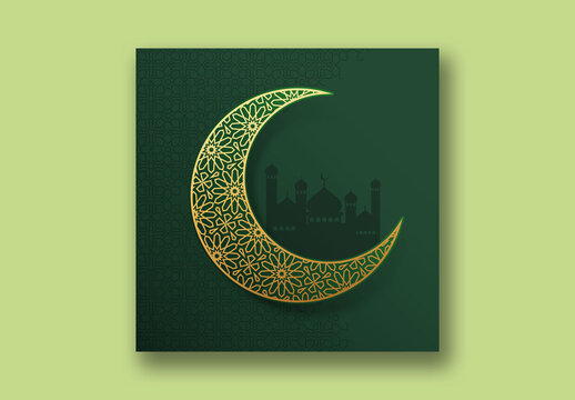 Eid Mubarak Social Media Post with Golden Crescent Moon on Green Silhouette Mosque Background and Copy Space.