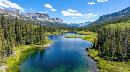 Aerial view of scenic mountain lake surrounded by lush greenery and towering peaks