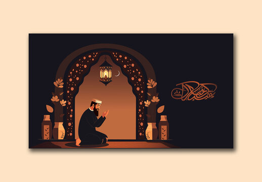 Eid Mubarak Celebration Banner with Arabic Calligraphy, Cartoon Muslim Man Praying (Namaz) at Mat in Crescent Moon Night.