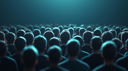 Obraz premium A crowd of people stands in a dark setting, illuminated by a soft blue light, creating a sense of unity and anonymity among the individuals.