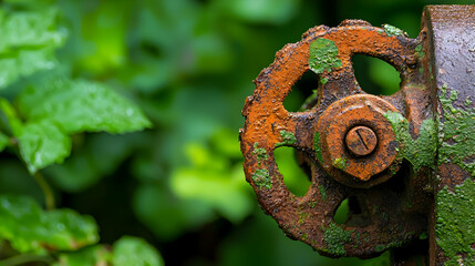 Close-up of a Rusty Metal Wheel Covered in Green Moss Against Blurred Green Foliage