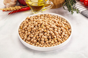 Dry chickpea seeds heap in the bowl