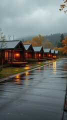 Obraz premium Serenity in the rain at cozy cabins with autumn colors and soft evening light