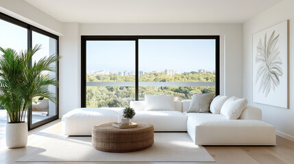 Bright and airy living room with large windows and stylish furniture, creating serene atmosphere