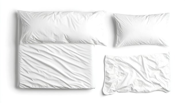 Blank white bed mockup, top view isolated on white background. Empty blanket and pillows mockup in bedstead