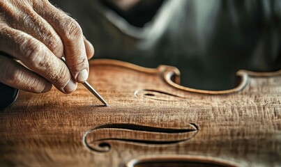 Close-up of a luthier meticulously hand-carving details into a violin, showcasing fine craftsmanship.