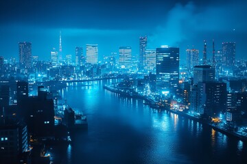 Illustration of a blue light nighttime cityscape in Yokohama, Japan. Generative Ai