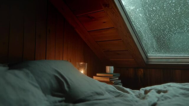 A cozy attic bedroom with a skylight shows raindrops trickling down the glass. A warm glow from candles and books creates a peaceful, rainy day retreat