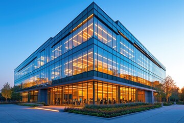 Obraz premium Modern glass building illuminated with warm lights at dusk