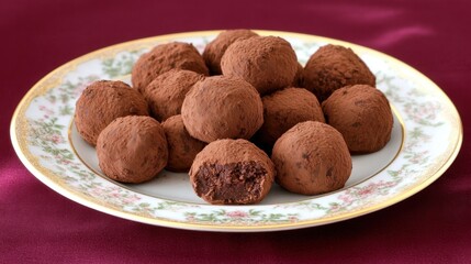 A plate of gourmet chocolate truffles with cocoa powder dusting against a rich burgundy background