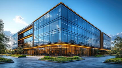 Obraz premium A modern office building with glass windows and blue skies