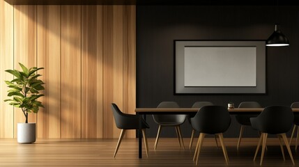 Modern conference room featuring a wooden wall, sleek furniture, and minimal decor