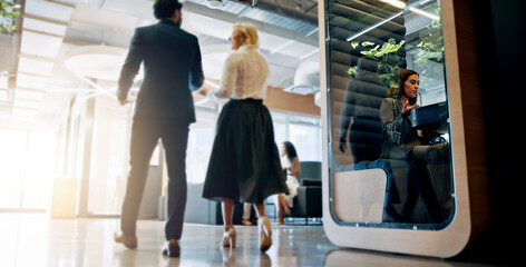 Lobby, talking and business people in office walking for collaboration, teamwork and discussion....