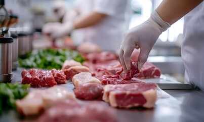 Close-up shot of meat processing steps in a small catering processing plant, Generative AI