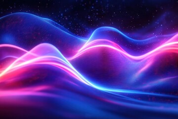 Fototapeta premium Abstract Futuristic Corridor with Purple and Blue Neon Wave Lights Speeding Through a Digital Background