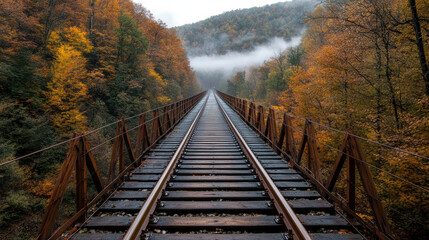 serene view of railway tracks leading through vibrant autumn foliage, evoking sense of