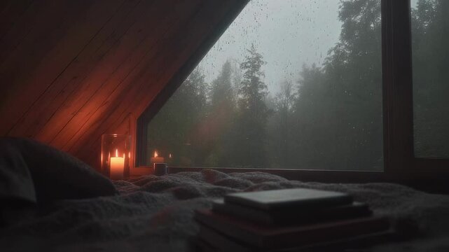 Warm and cozy attic space with a view of a rainy forest. Candles flicker on the windowsill, casting a soft light that enhances the peaceful ambiance